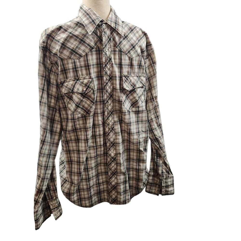 Wrangler Mens Plaid "Pearl" Button Western Shirt Size M/L Beige/Brown Cotton